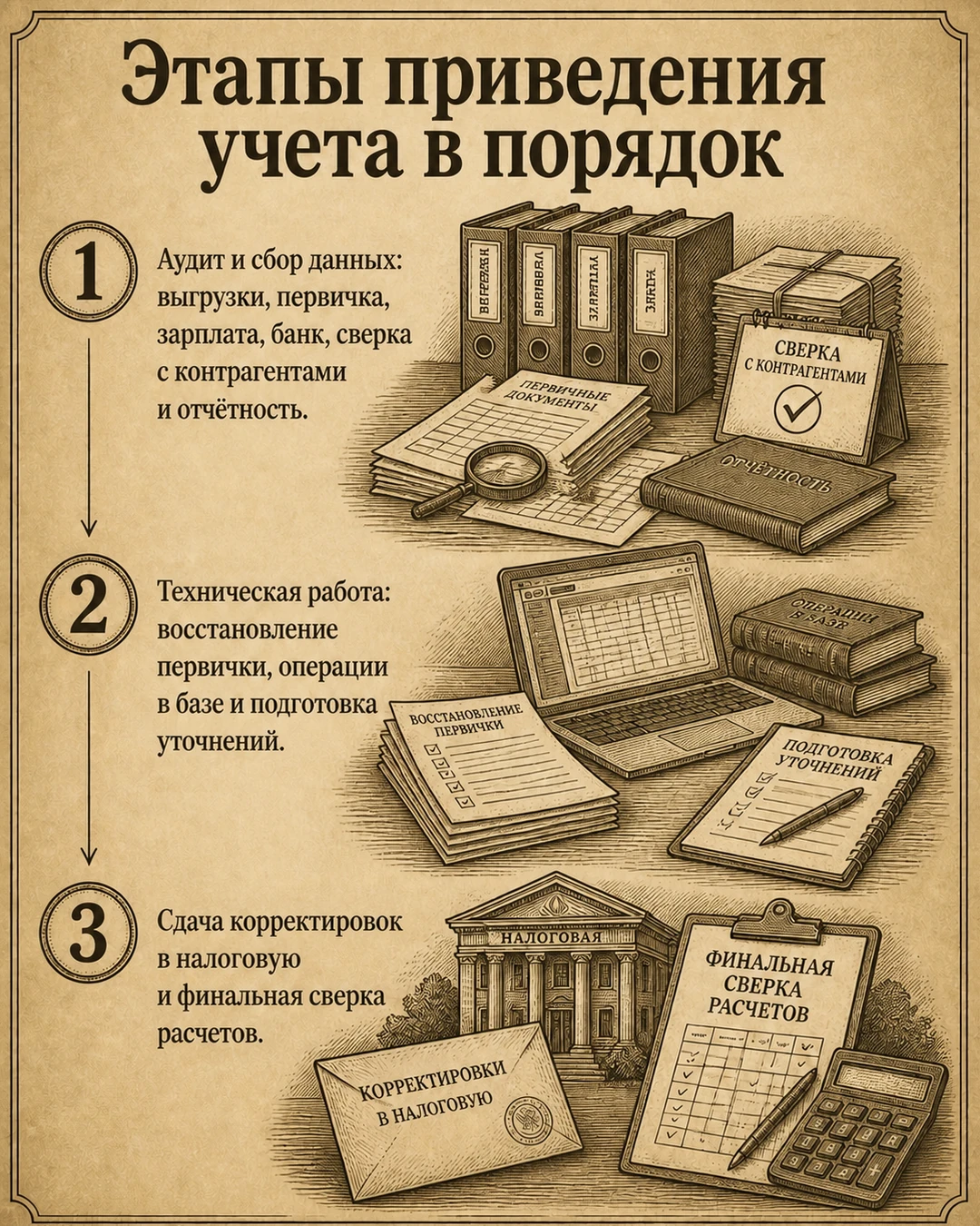 Слайд с этапами приведения учёта в порядок