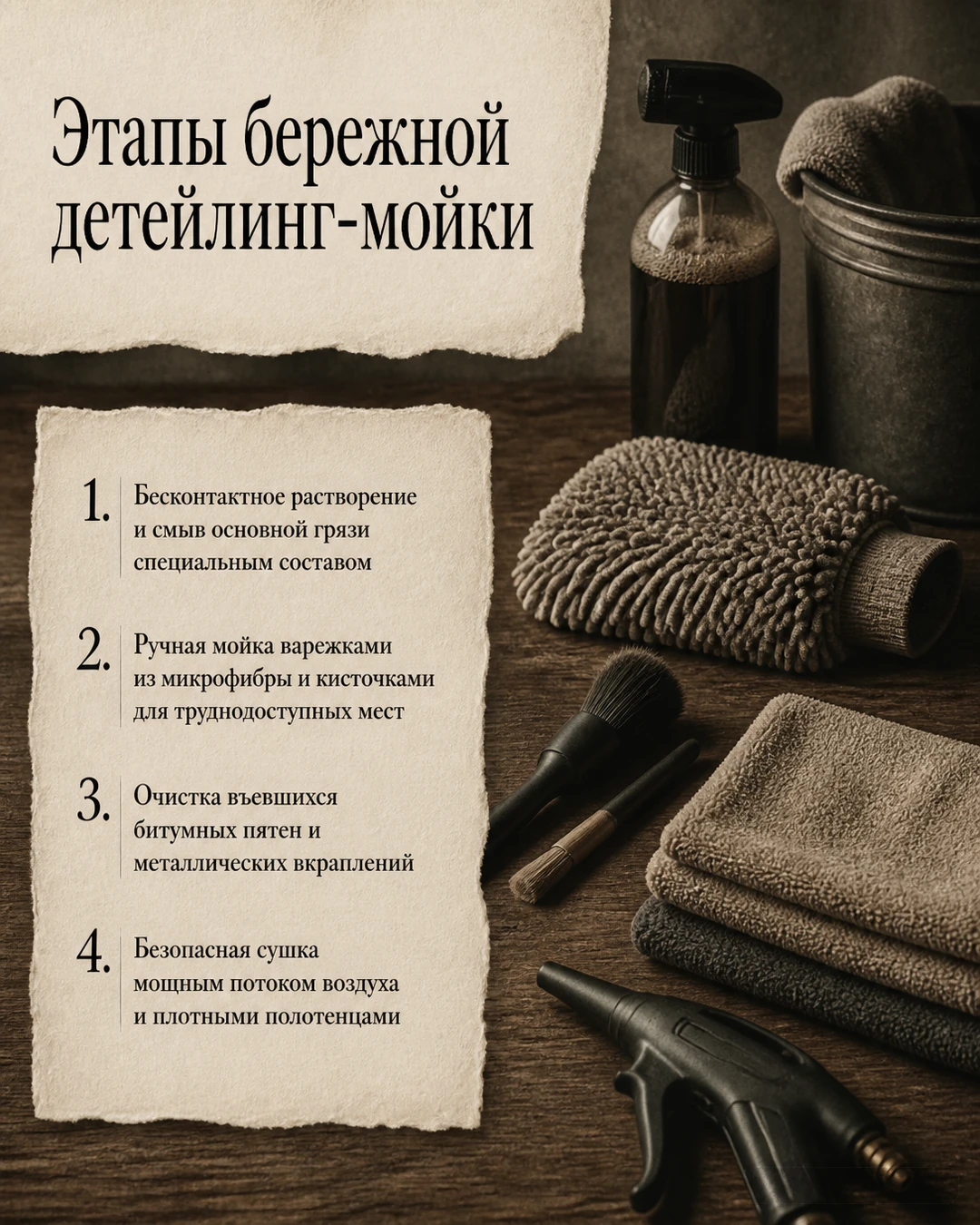 Слайд с общим примером этапов детейлинг-мойки