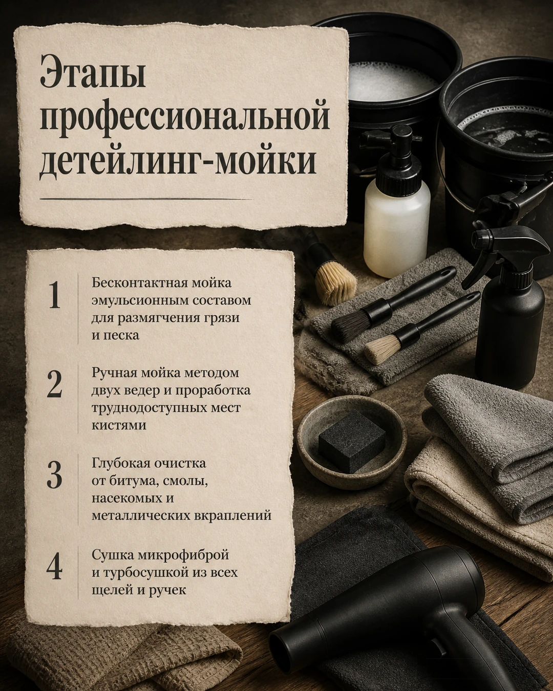 Слайд с общим примером этапов детейлинг-мойки