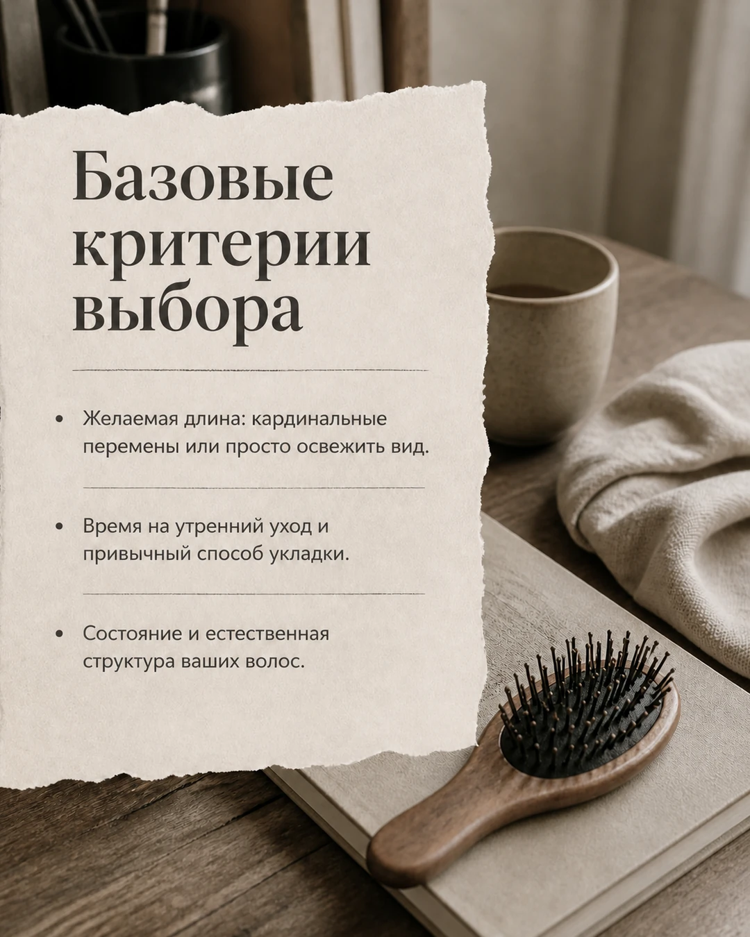 Слайд с базовыми критериями выбора стрижки