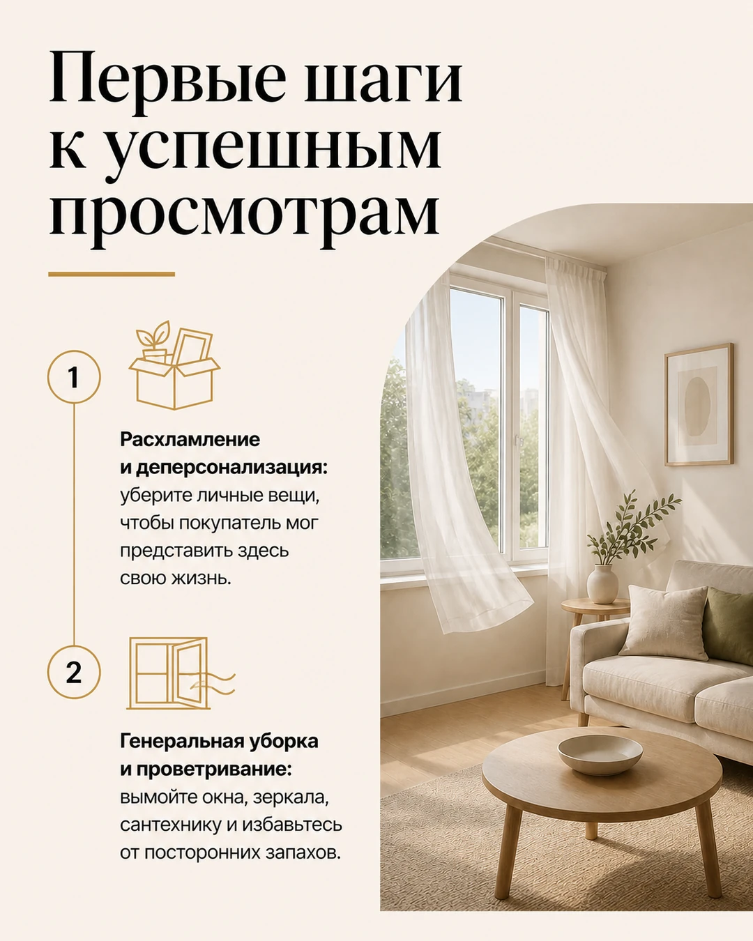 Слайд с первыми шагами подготовки квартиры к просмотрам