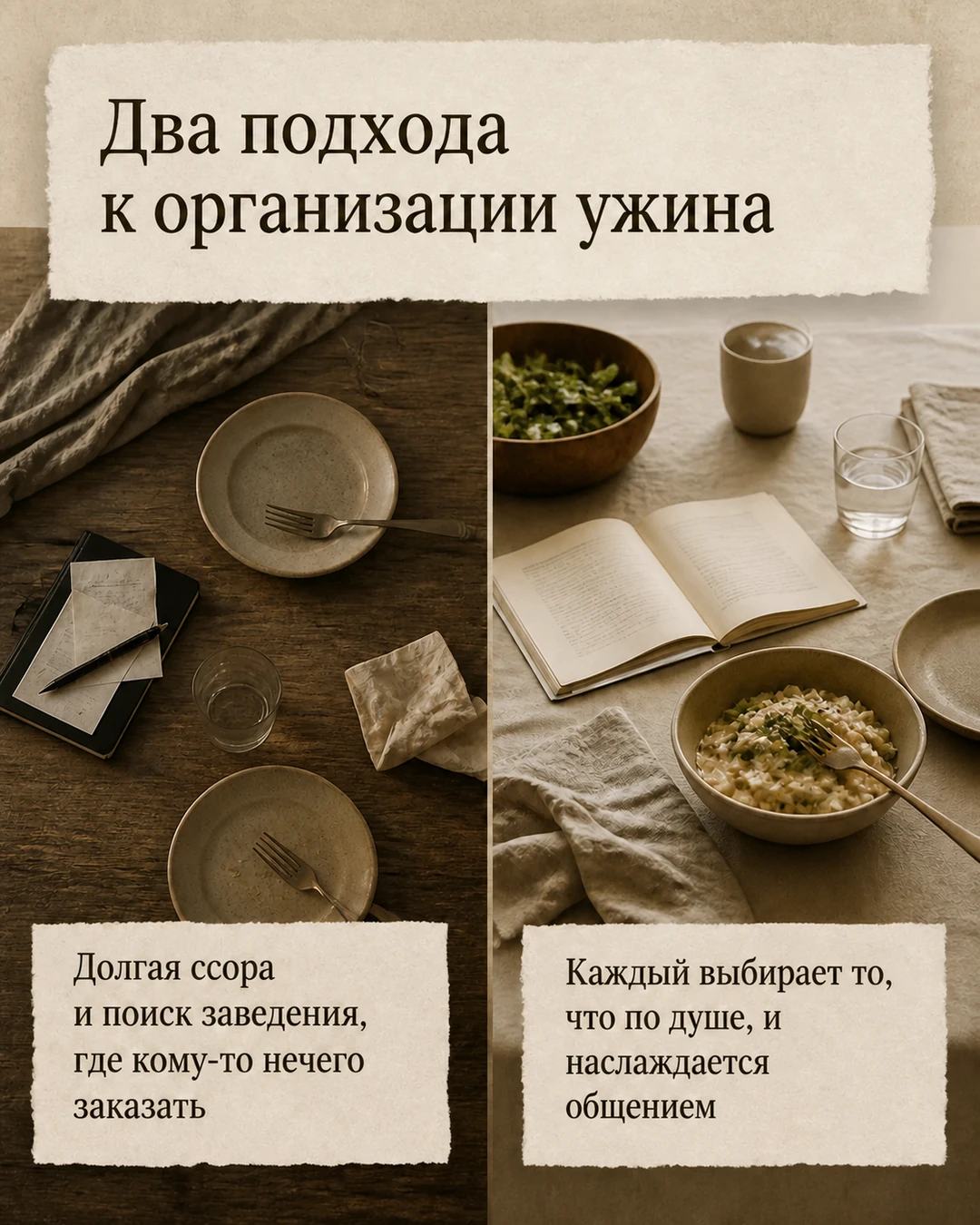Слайд со сравнением двух подходов к организации ужина