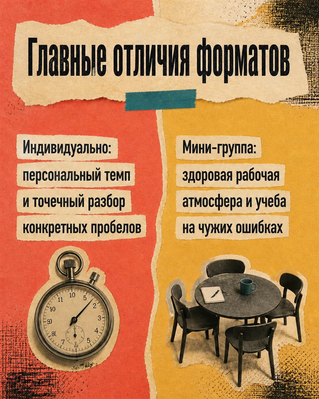 Слайд со сравнением индивидуальных занятий и мини-группы